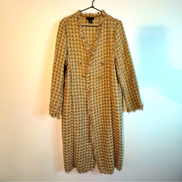 House Of Harlow 1960 Gold Shimmer Tweed Open Duster Jacket Cardigan Womens Sz M - Picture 2 of 10
